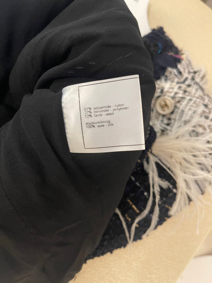 Top Quality Chanel x Tiger In The Rain 04/P Black, Navy and White Tweed Jacket with Gold CC Logo Buttons and Chain Detail Size FR 40 (UK 12)