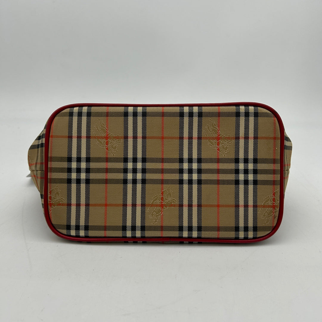 Burberry House Check Beige Red Leather Trim Handbag Medium