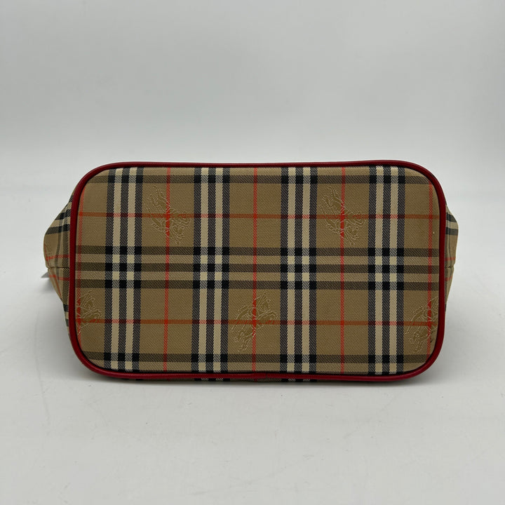 Burberry House Check Beige Red Leather Trim Handbag Medium