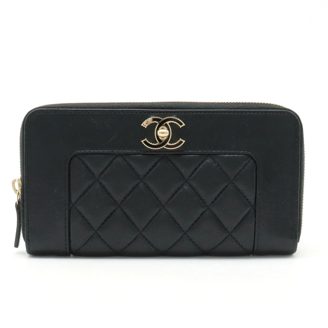 Top Quality Chanel Mademoiselle Mattress Cocomark Roundfather Long Wallet Black Black Gold  A80969