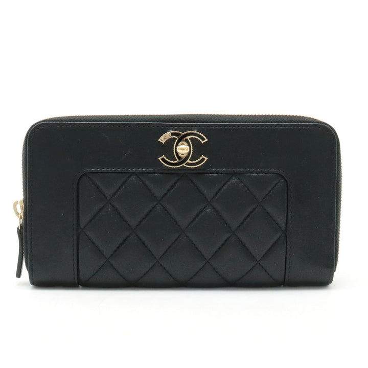 Top Quality Chanel Mademoiselle Mattress Cocomark Roundfather Long Wallet Black Black Gold  A80969