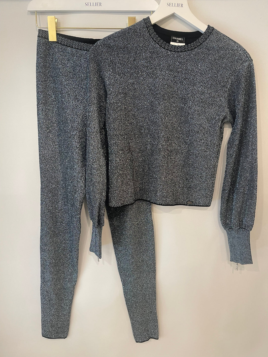 Top Quality Chanel Silver Metallic Long-Sleeve Top and Leggings Set Size FR 34/36 (UK 6/8)