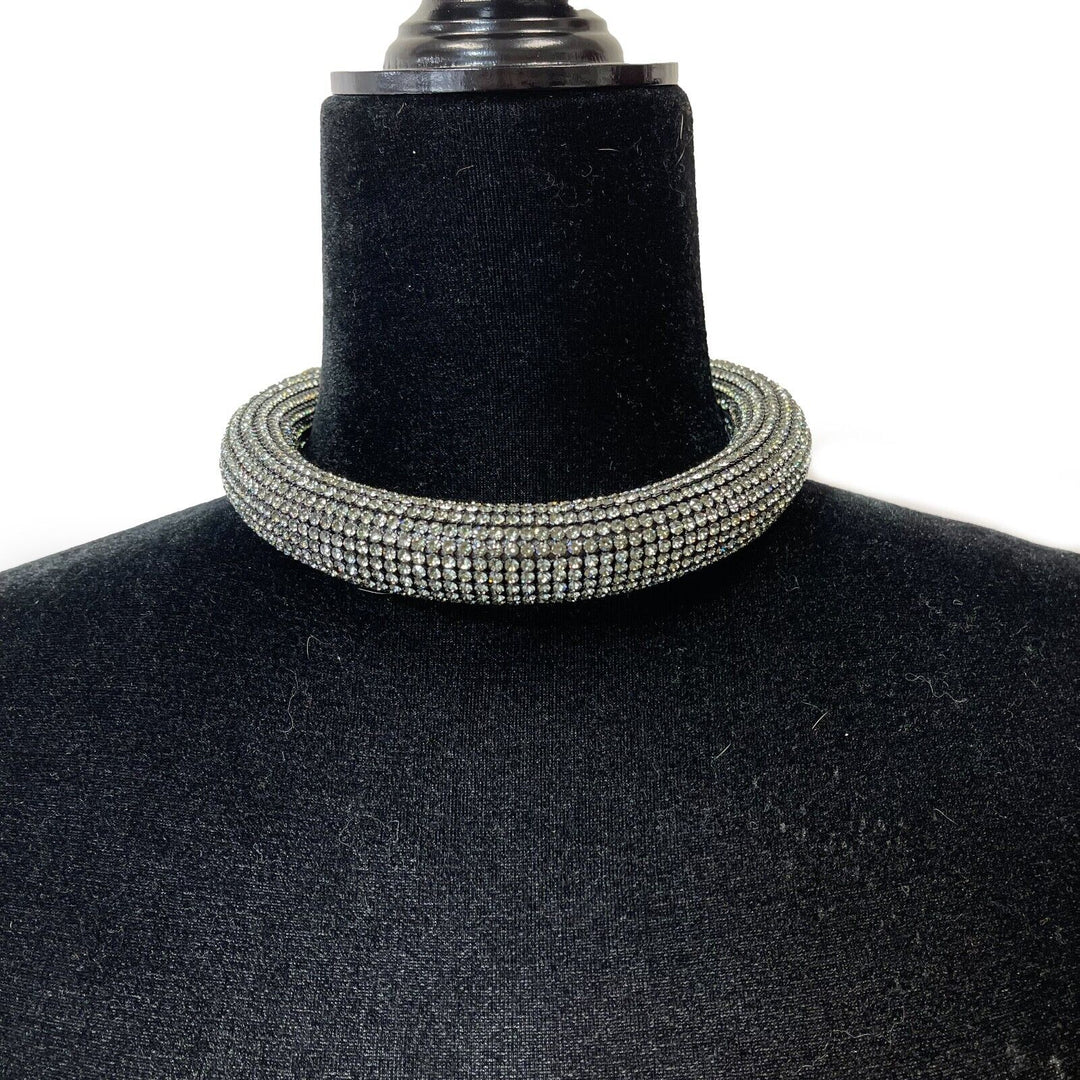 Chanel - 17K CC Rhinestone Crystal Choker Necklace - Black / Silver