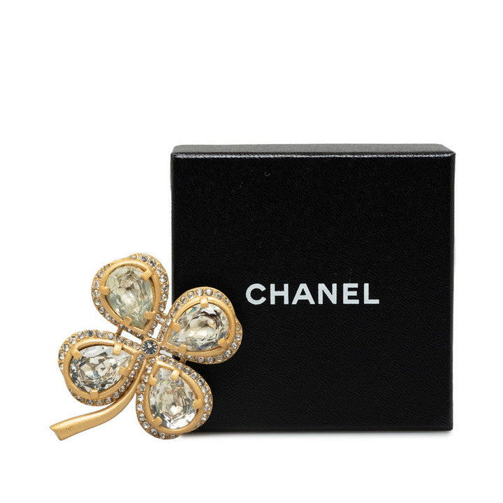 Top Quality Chanel Vintage Brooch Clover Rhinestone Gold Plating