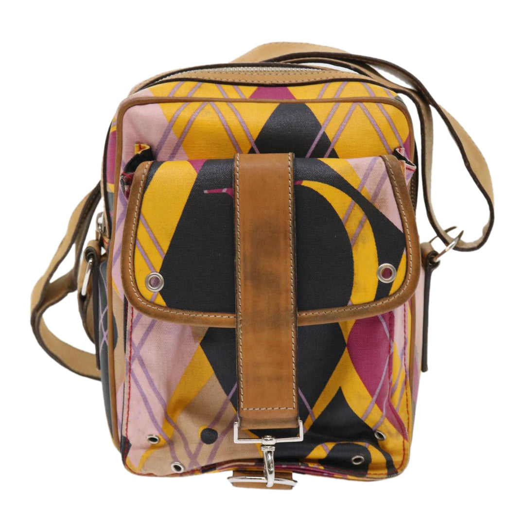 CHRISTIAN Dior Argyle Check Shoulder Bag Nylon Yellow Pink 05-MA-0064 Auth 47588