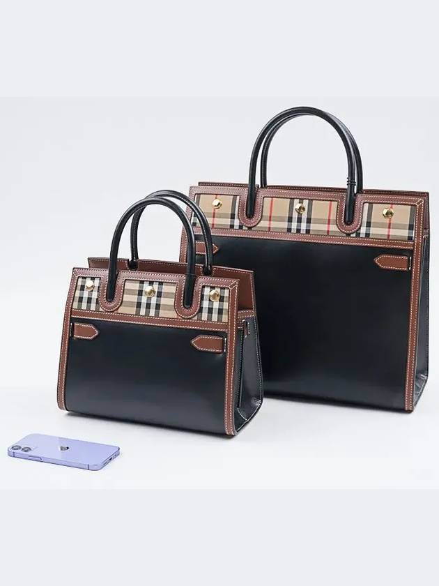 Burberry Medium Leather Vintage Check Title Tote Bag Black