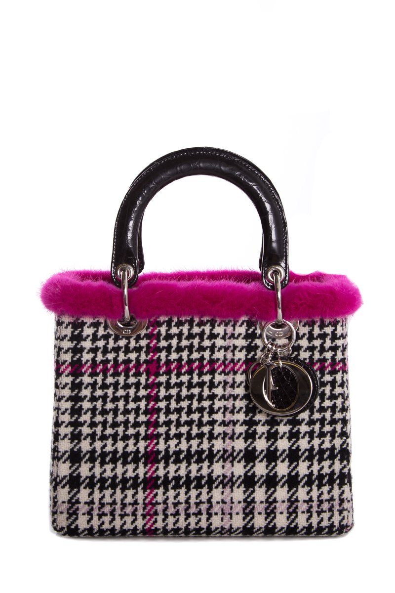 Christian Top quality Dior Black & White Wool Houndstooth Mink Trim Crocodile Handle Bag