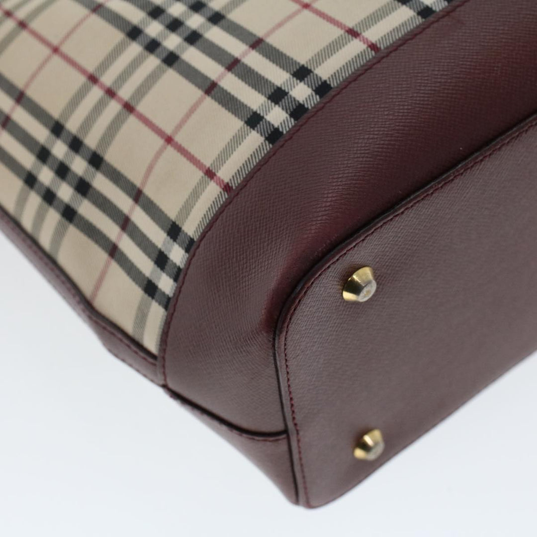 BURBERRY Nova Check Hand Bag Canvas Beige Wine Red Auth 48021