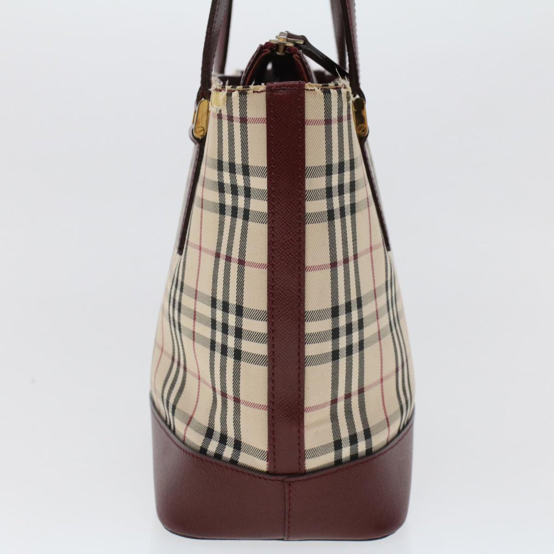 BURBERRY Nova Check Hand Bag Canvas Beige Wine Red Auth 48021