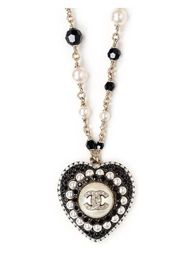 CC Heart Pearl Crystal Necklace Black Gold Chanel
