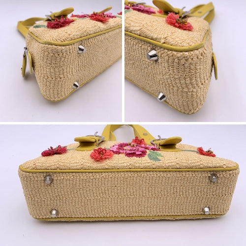 CHRISTIAN Top quality Dior Limited Edition Yellow Raffia Flower Handbag