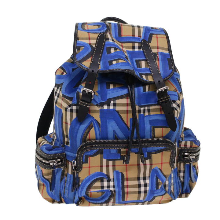 Top Quality Burberry Nova Check Graffiti Backpack Canvas Leather Beige Blue Auth 49119A