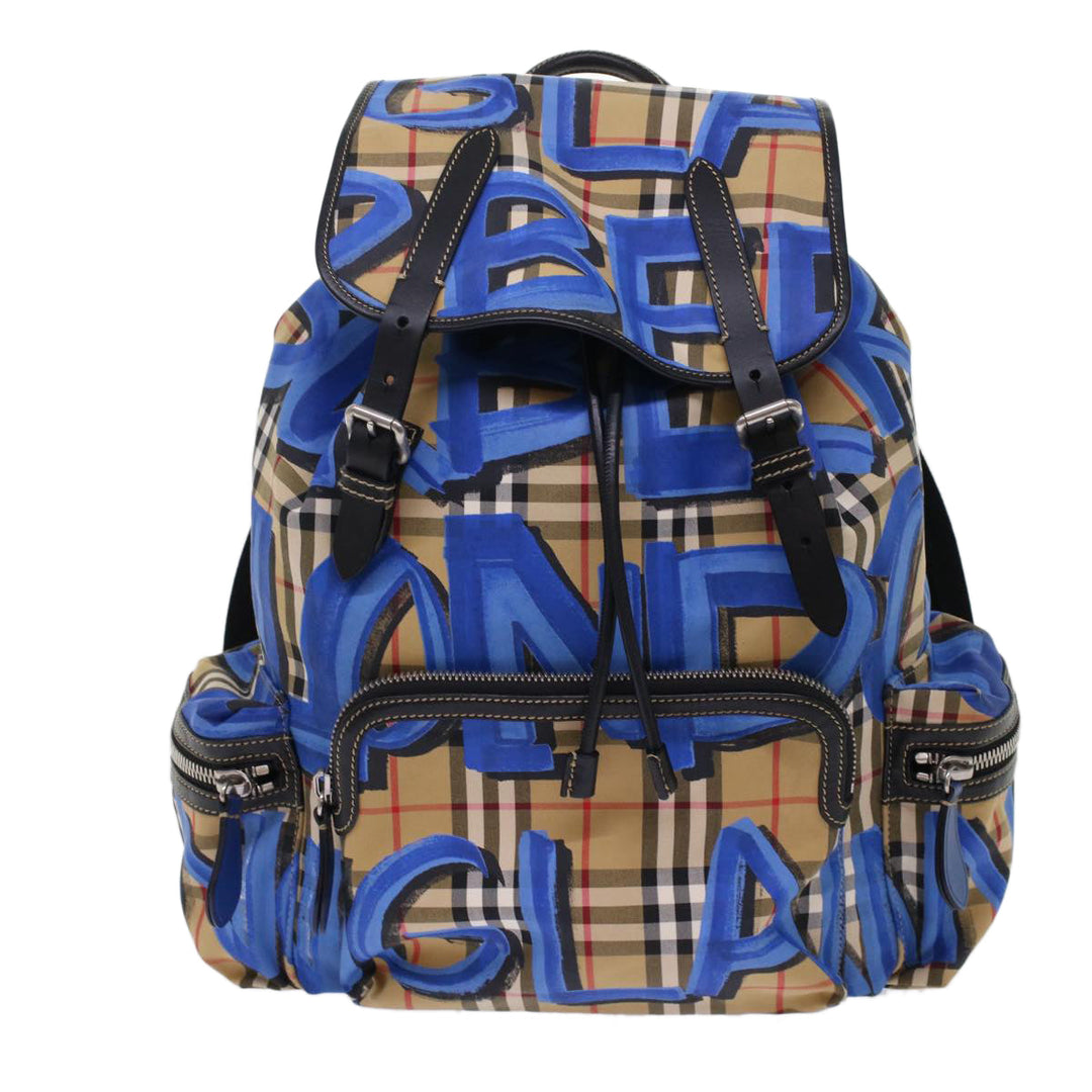 Top Quality Burberry Nova Check Graffiti Backpack Canvas Leather Beige Blue Auth 49119A