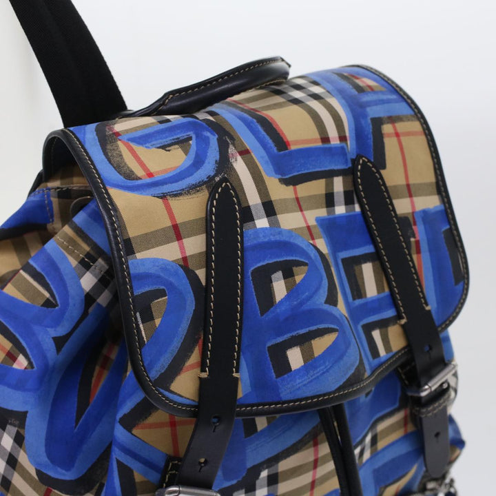 Top Quality Burberry Nova Check Graffiti Backpack Canvas Leather Beige Blue Auth 49119A