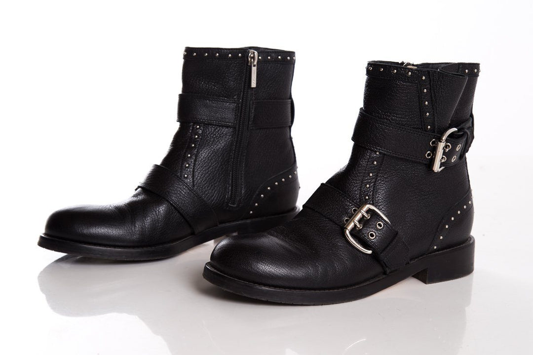 Jimmy Choo Black Leather & Silver Studded Boots SZ 37