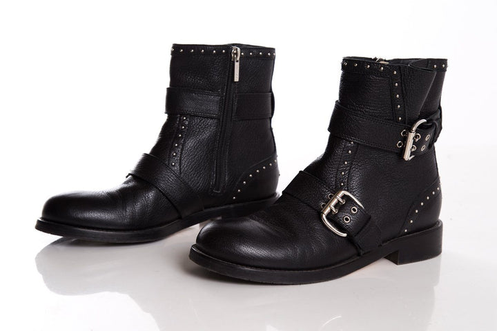 Jimmy Choo Black Leather & Silver Studded Boots SZ 37