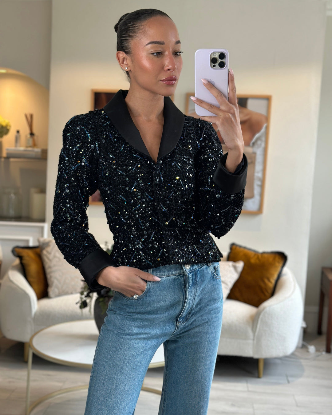*HOT* Top Quality Chanel Black and Blue Sequin Embellished Jacket with Satin Collar Detail Size FR 34 (UK 6)