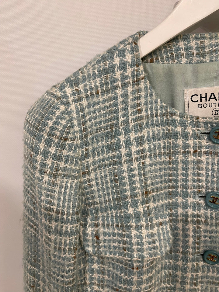 Top Quality Chanel 1997 Vintage Baby Blue, Brown and White Tweed Jacket with CC Button Details Size FR 34 (UK 6)