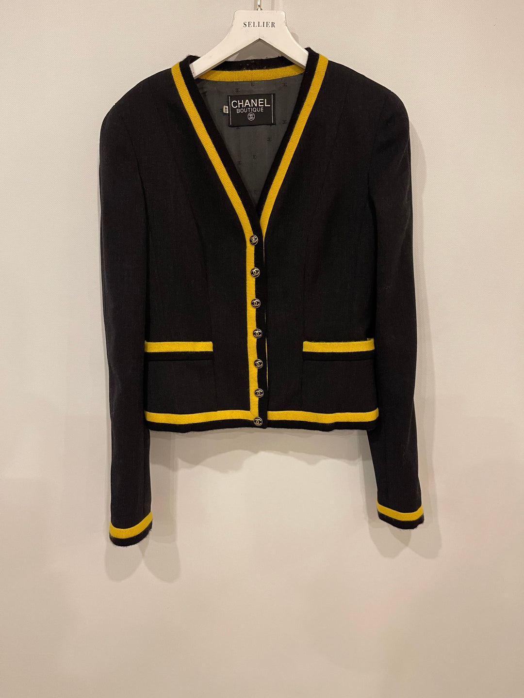 *HOT* Top Quality Chanel 1994 Vintage Black and Yellow Wool Jacket & Midi Skirt Set with CC Logo Button Details Size FR 40 (UK 12)
