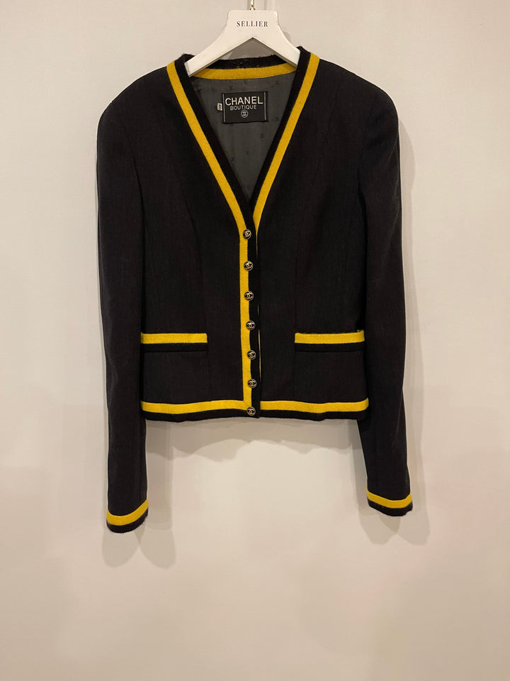 *HOT* Top Quality Chanel 1994 Vintage Black and Yellow Wool Jacket & Midi Skirt Set with CC Logo Button Details Size FR 40 (UK 12)