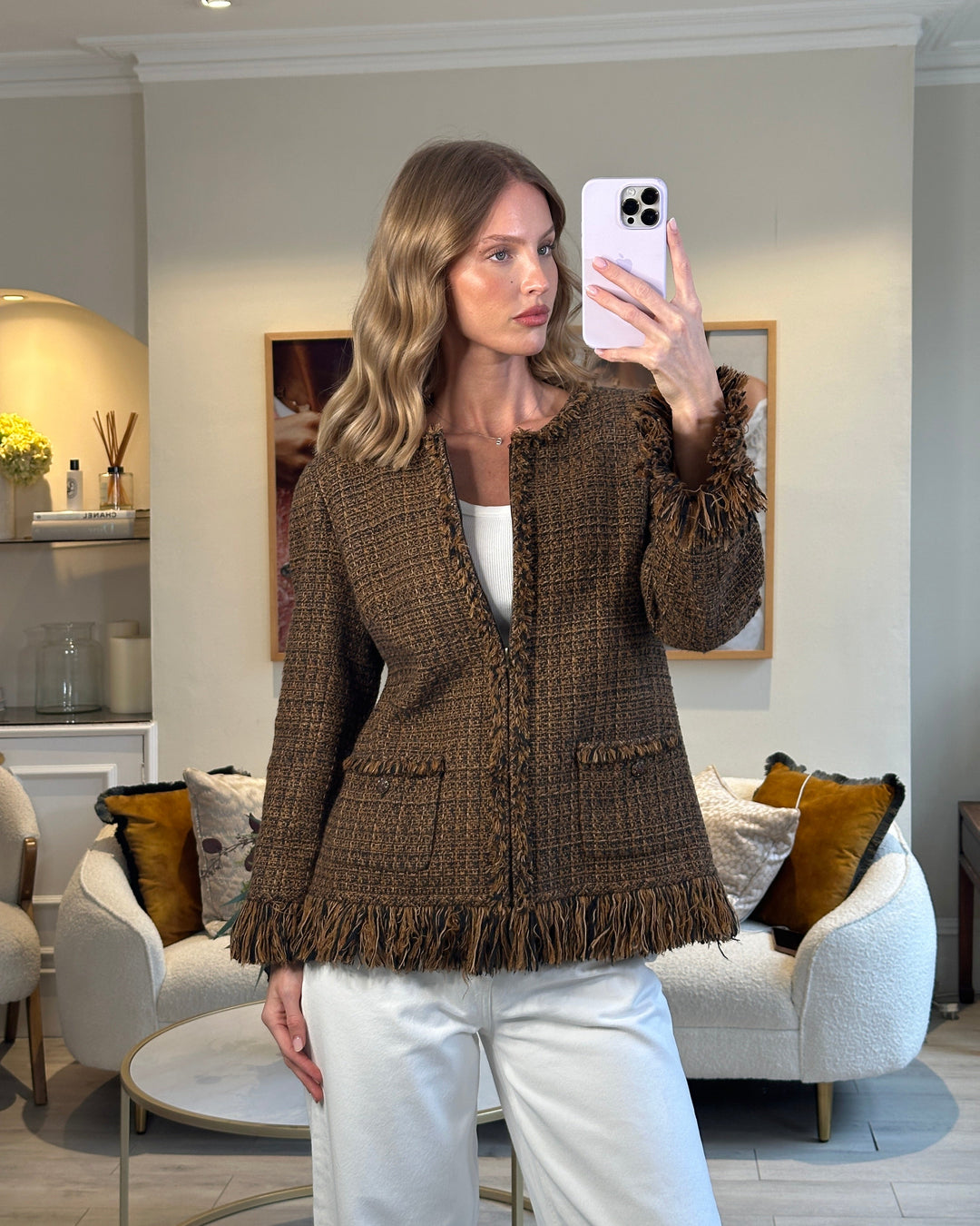 Top Quality Chanel Brown, Black Checked Tweed Jacket with Frilled Hem and Cuff Details Size FR 46 (UK 18)