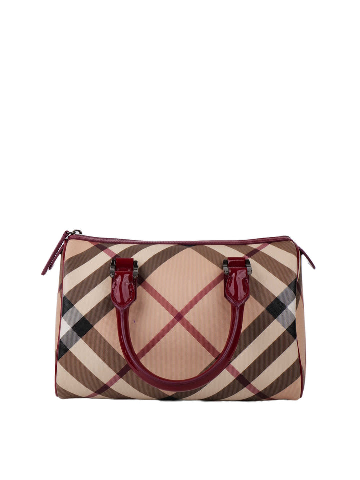 Burberry Haymarket Boston Bag with Dark Red Patent Trim.