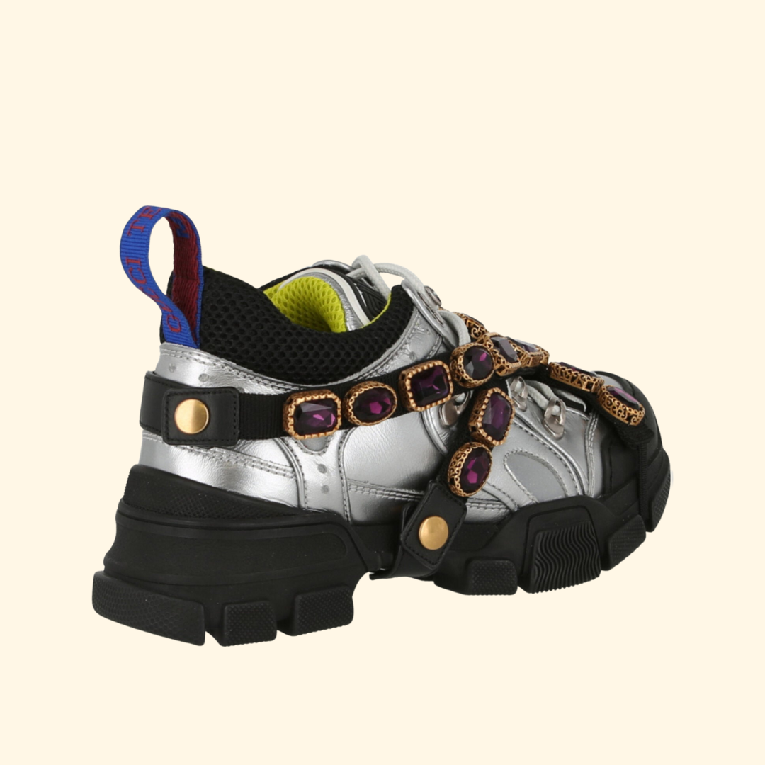 Gucci Flashtrek Chunky Leather Sneakers, Silver, Brand New