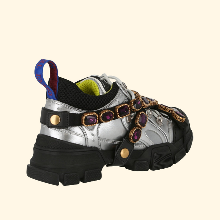 Gucci Flashtrek Chunky Leather Sneakers, Silver, Brand New