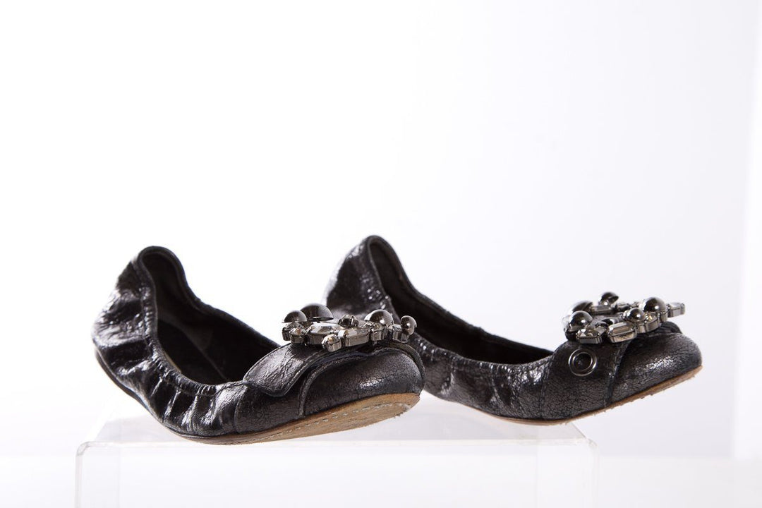 Miu Miu Metallic Grey Leather Crystal Embellishments Ballet Flats SZ 38.5