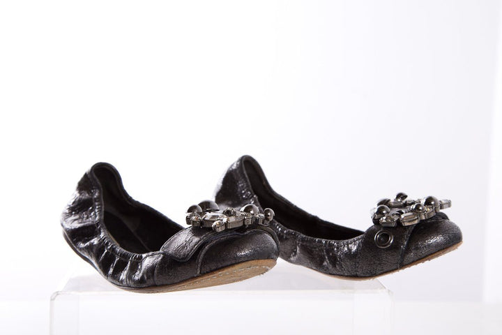 Miu Miu Metallic Grey Leather Crystal Embellishments Ballet Flats SZ 38.5
