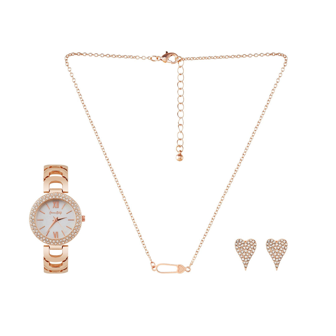 Jessica Carlyle Ladies Analog Watch W/ " Love is Love" Necklace And Earring Set, Shiny Rose Gold
