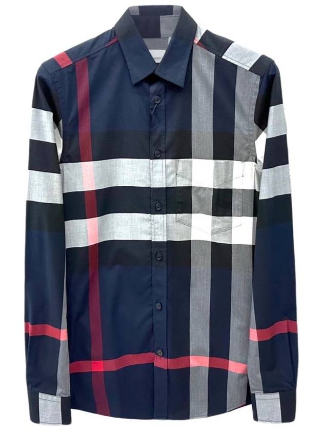 Burberry Men's Checked Stretch Cotton Poplin Long Sleeve Shirt Navy