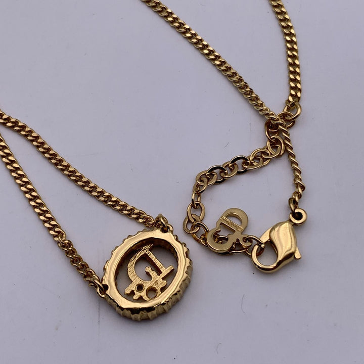 CHRISTIAN Dior Gold Metal Dior Oval Logo Rhinestones Necklace