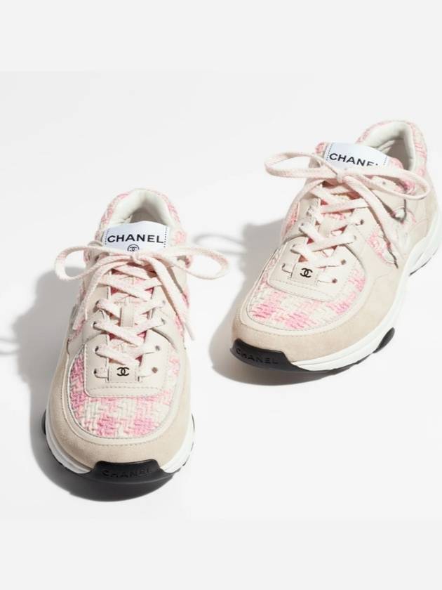 CC Logo Cotton Tweed Suede Calfskin Low Top Sneakers Pink Ecru Chanel