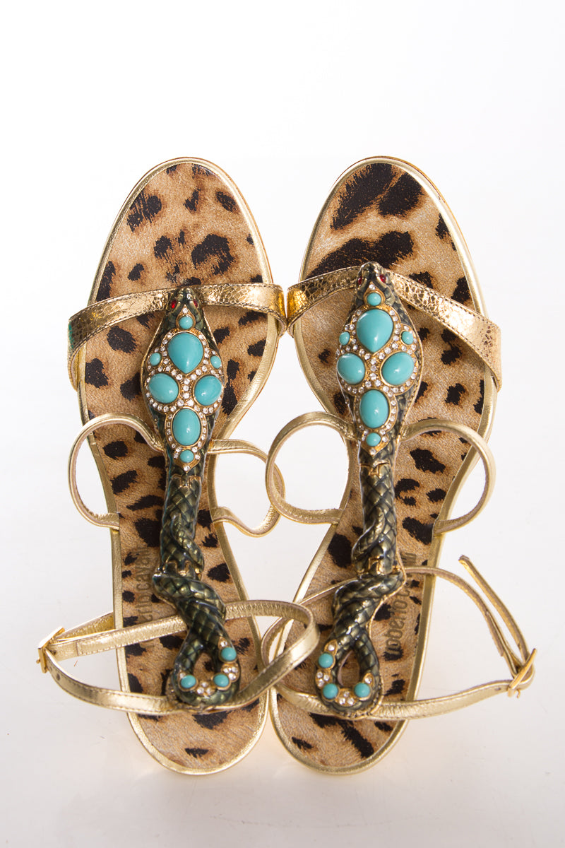 Roberto Cavalli Gold & Multi Cobra Detail Sandals SZ 36