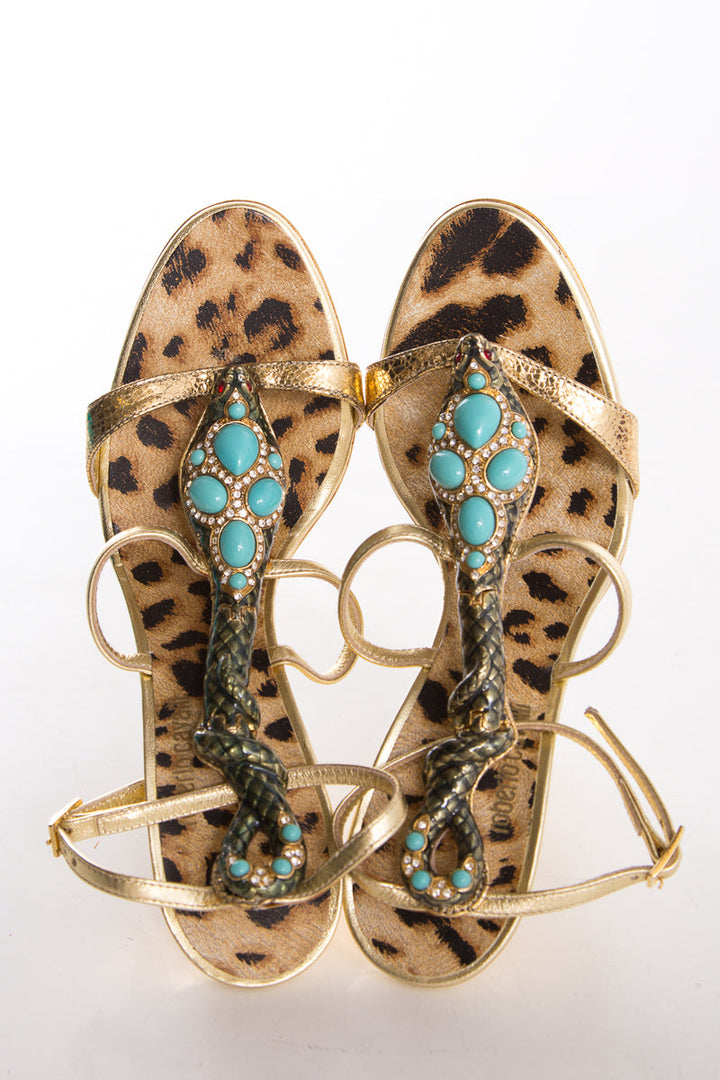 Roberto Cavalli Gold & Multi Cobra Detail Sandals SZ 36
