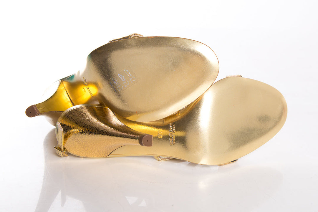 Roberto Cavalli Gold & Multi Cobra Detail Sandals SZ 36