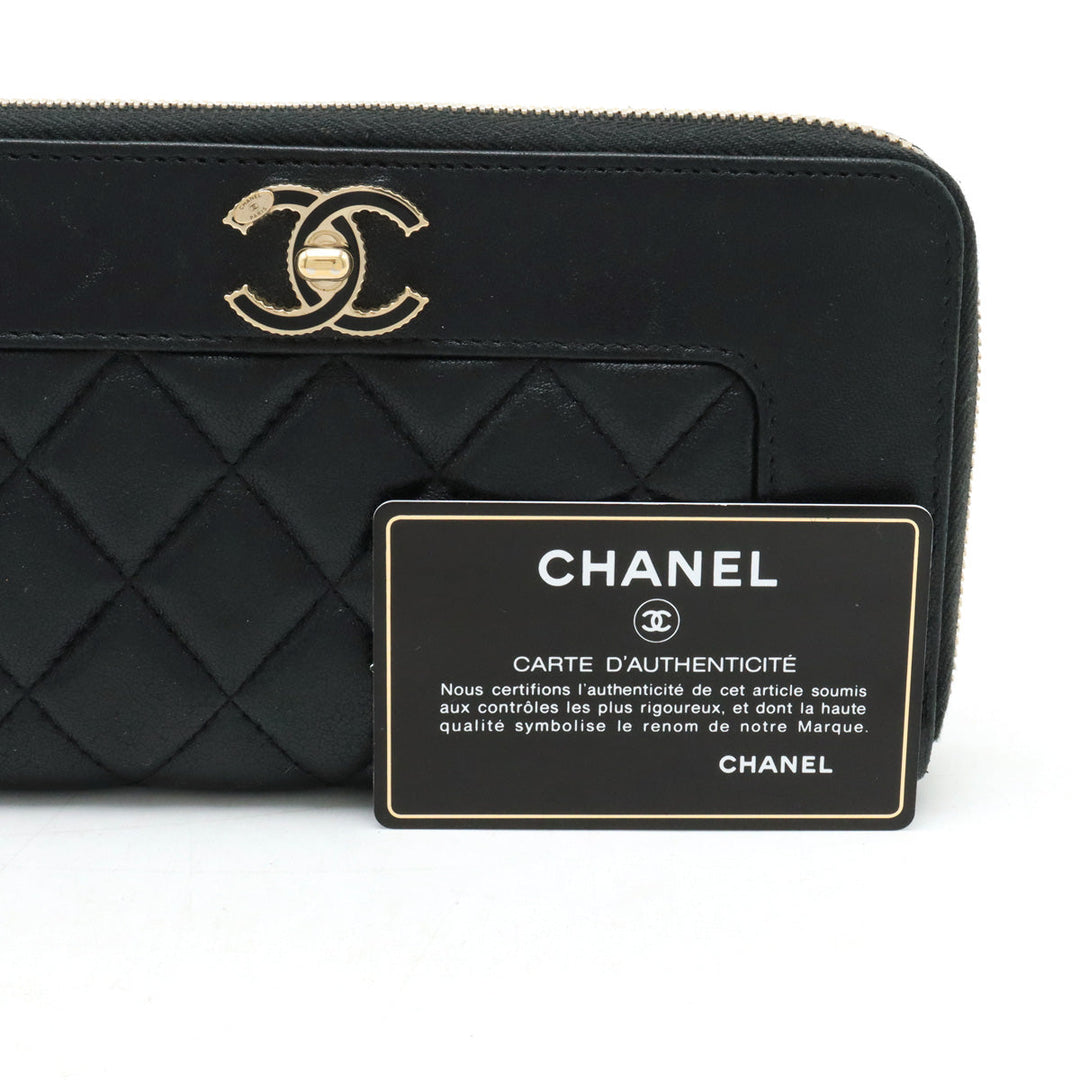 Top Quality Chanel Mademoiselle Mattress Cocomark Roundfather Long Wallet Black Black Gold  A80969