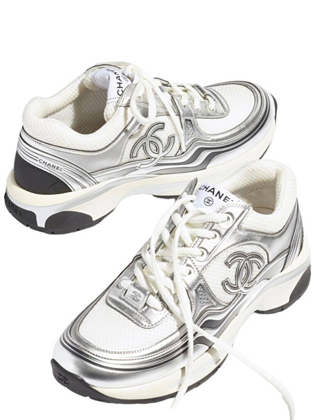 Fabric Laminated Low Top Sneakers Silver Chanel