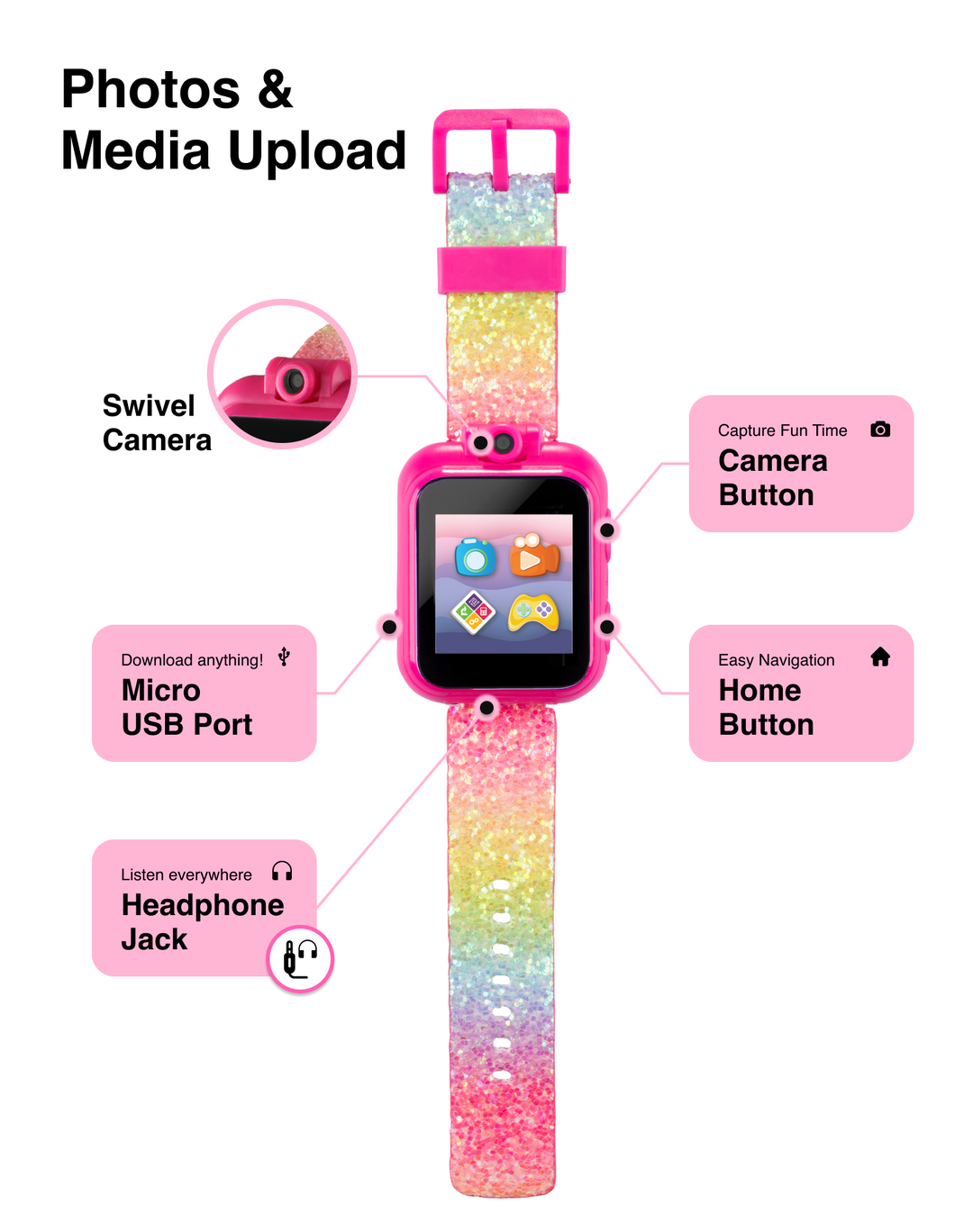 PlayZoom 2 Kids Smartwatch: Pastel Rainbow Glitter Print