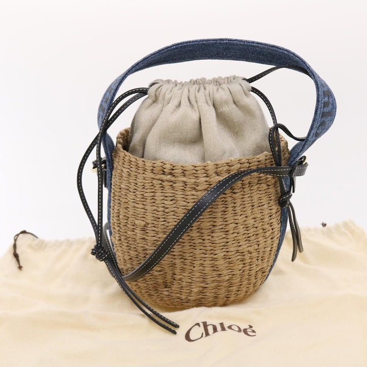 Chloe Woody Shoulder Bag Straw Canvas Beige 50195