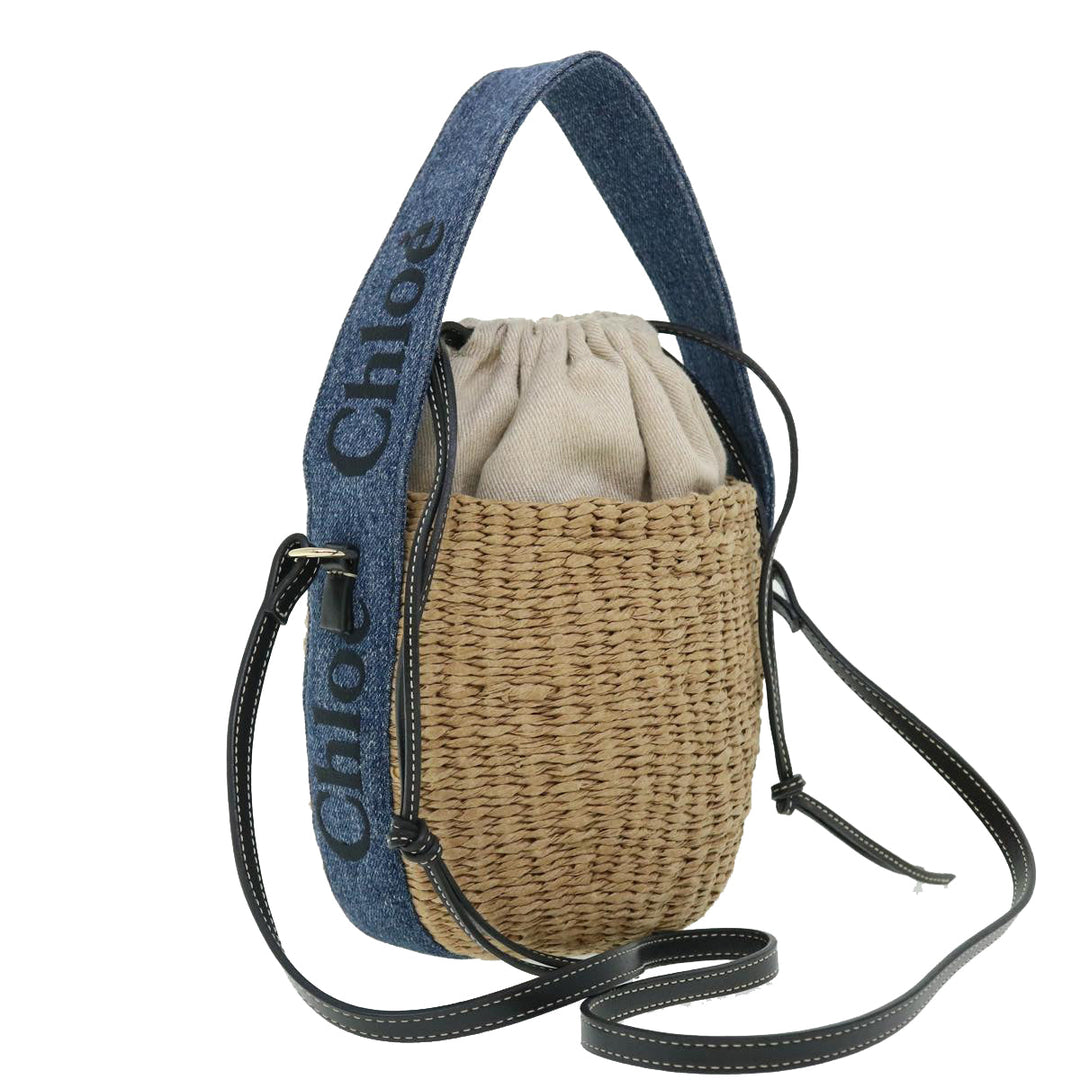 Chloe Woody Shoulder Bag Straw Canvas Beige 50195