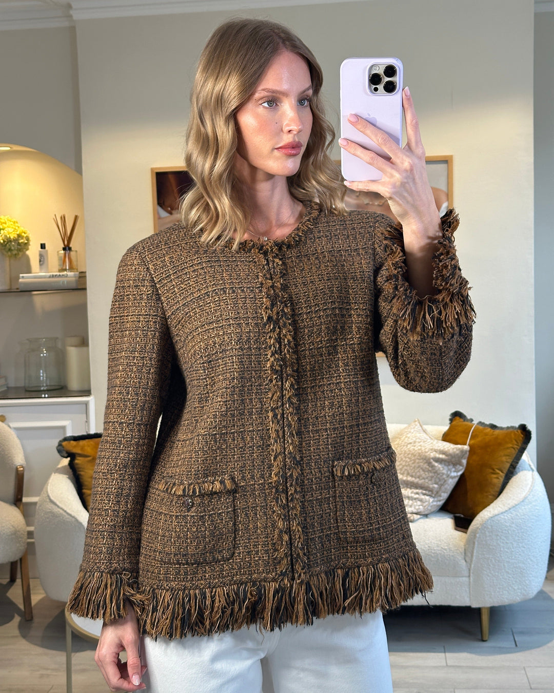Top Quality Chanel Brown, Black Checked Tweed Jacket with Frilled Hem and Cuff Details Size FR 46 (UK 18)