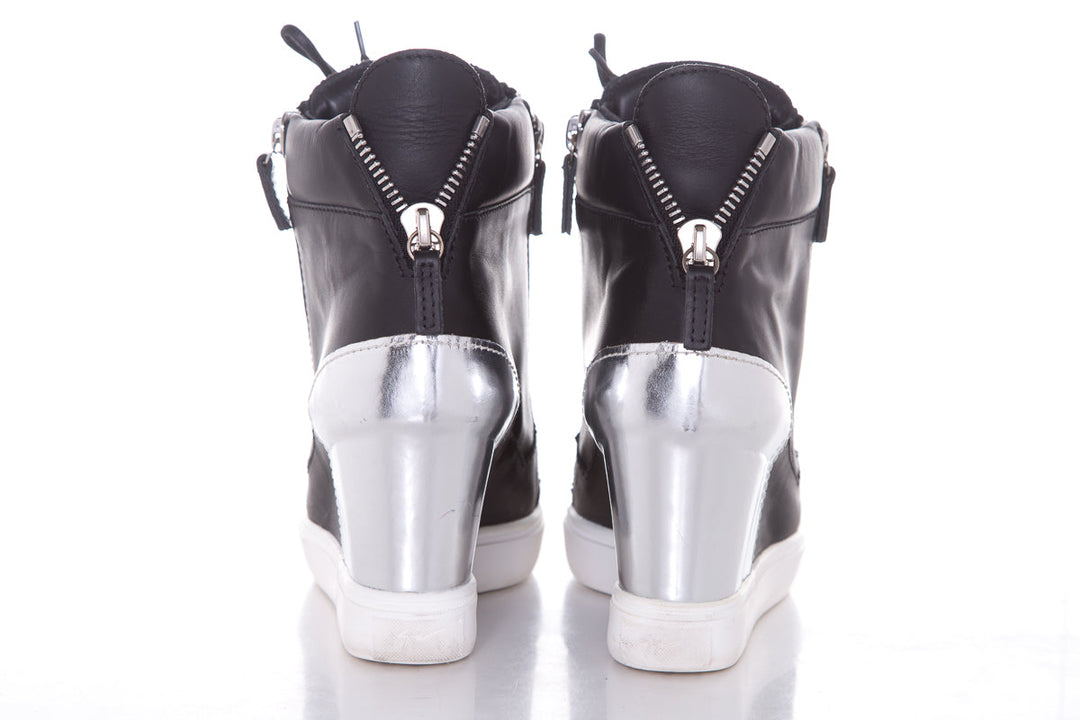 Guiseppe Zanotti Black & Silver Leather Sneaker Wedge SZ 38.5