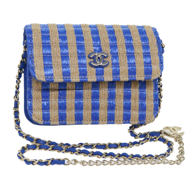 Top Quality Chanel Chain Shoulder Bag Raffia Blue Beige CC Auth 51139A