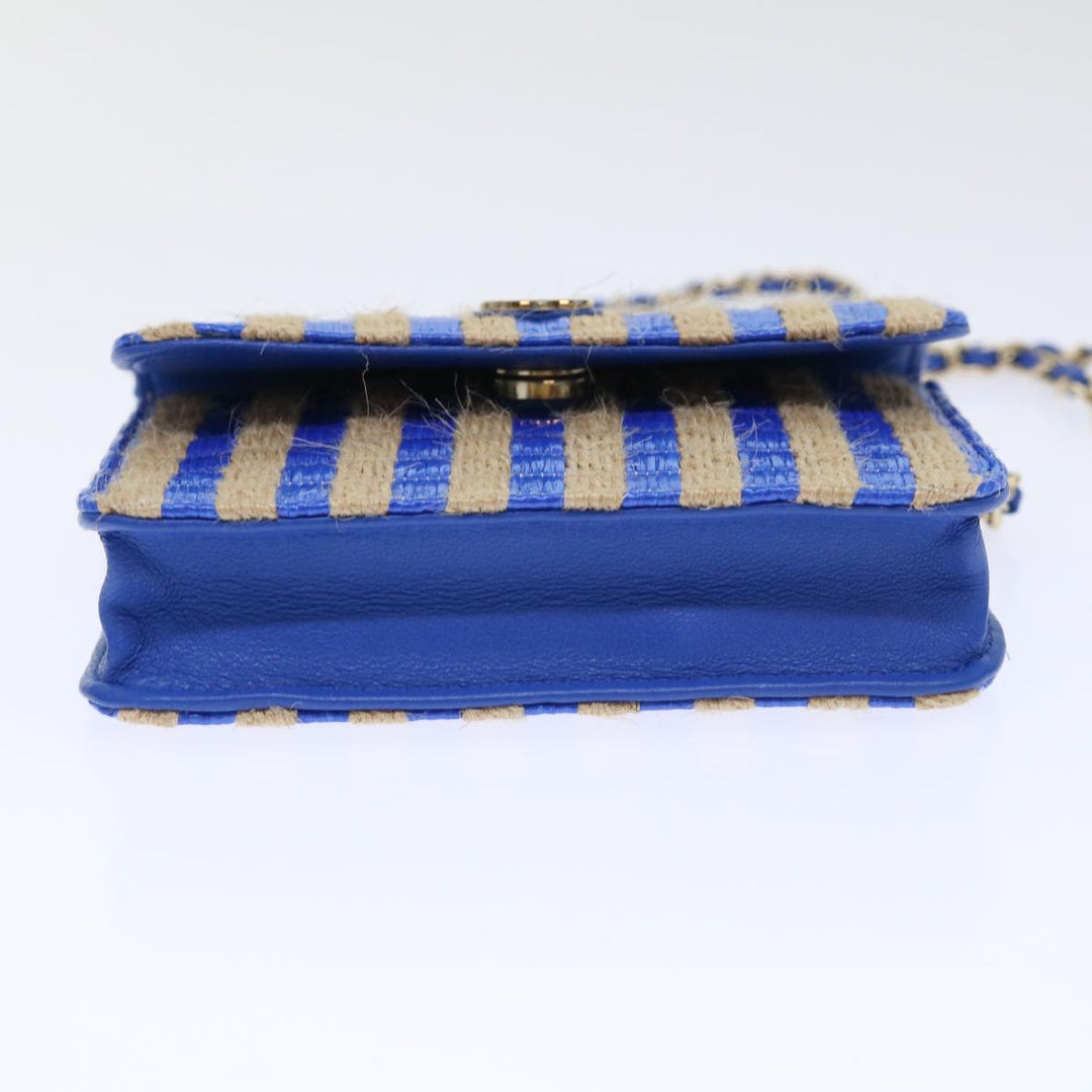 Top Quality Chanel Chain Shoulder Bag Raffia Blue Beige CC Auth 51139A