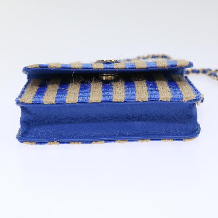 Top Quality Chanel Chain Shoulder Bag Raffia Blue Beige CC Auth 51139A