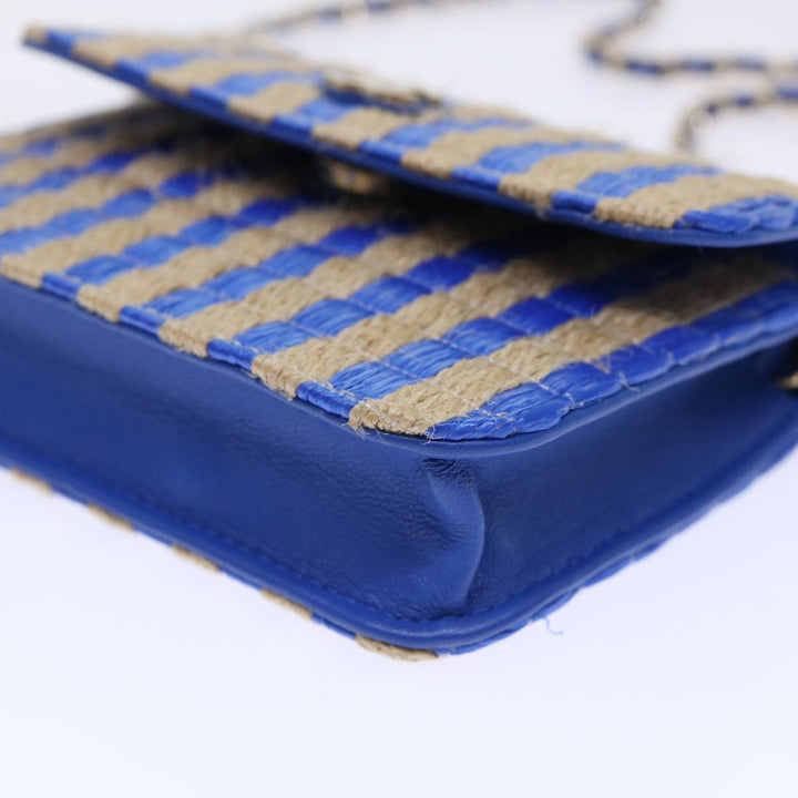 Top Quality Chanel Chain Shoulder Bag Raffia Blue Beige CC Auth 51139A