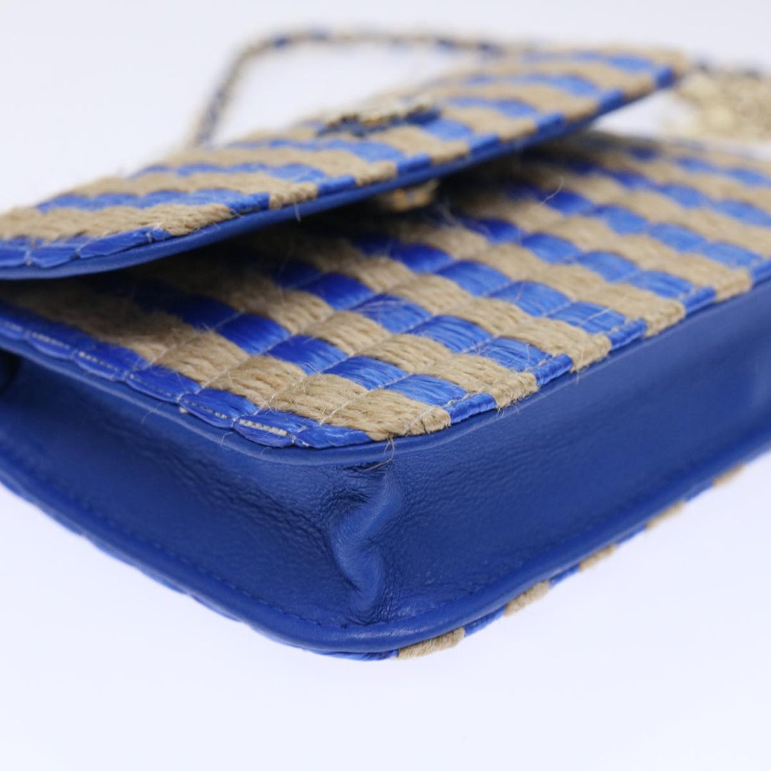 Top Quality Chanel Chain Shoulder Bag Raffia Blue Beige CC Auth 51139A