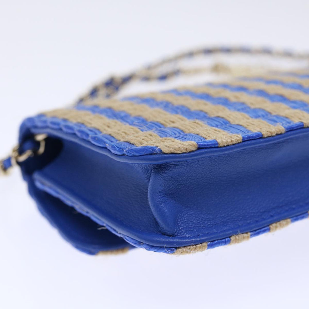 Top Quality Chanel Chain Shoulder Bag Raffia Blue Beige CC Auth 51139A